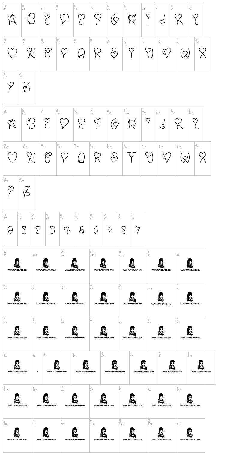 Sweet Heart font map